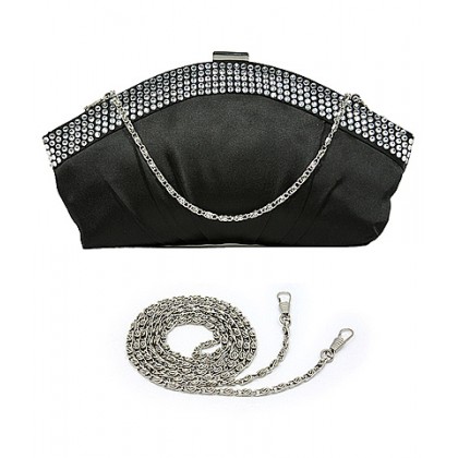 Evening Bag - 12 PCS - Satin w/ Rhinestone Frame Closure - Black - BG-EBS1144BK